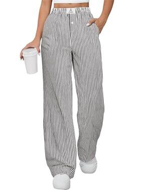 Womens Gingham Striped Wide Leg Boxer Pants Elastic Waist Pockets Lounge Pajama